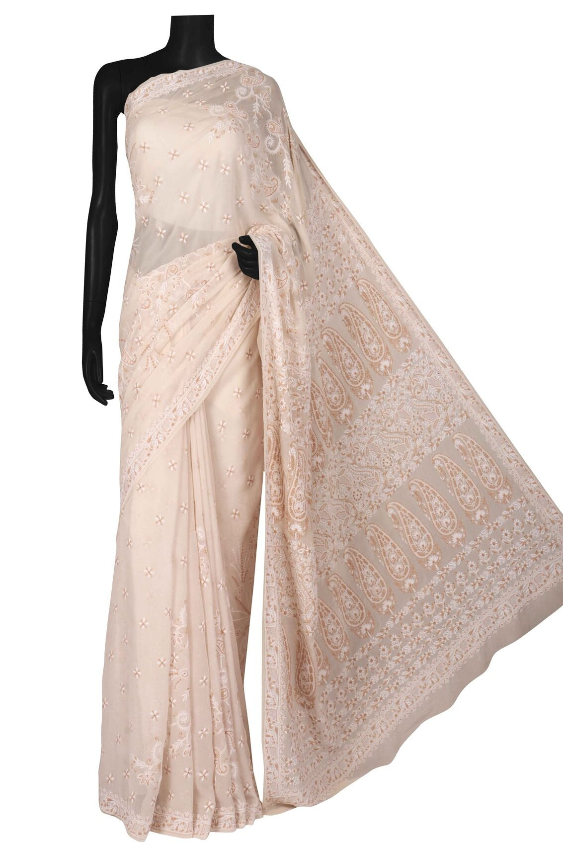 Ada Hand Embroidered Cream Pure Georgette Lucknowi Chikankari Saree with Blouse A275184