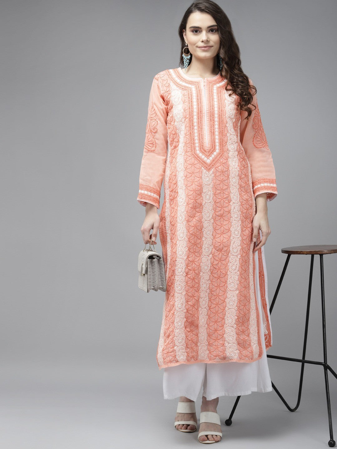 Ada Hand Embroidered Peach Cotton Lucknowi ChikanKari Kurta A411257