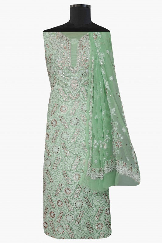 Ada Hand Embroidered Fern Green Faux Georgette Lucknowi Chikan Unstitched Kurta Dupatta Set with Gota Patti Work A465351