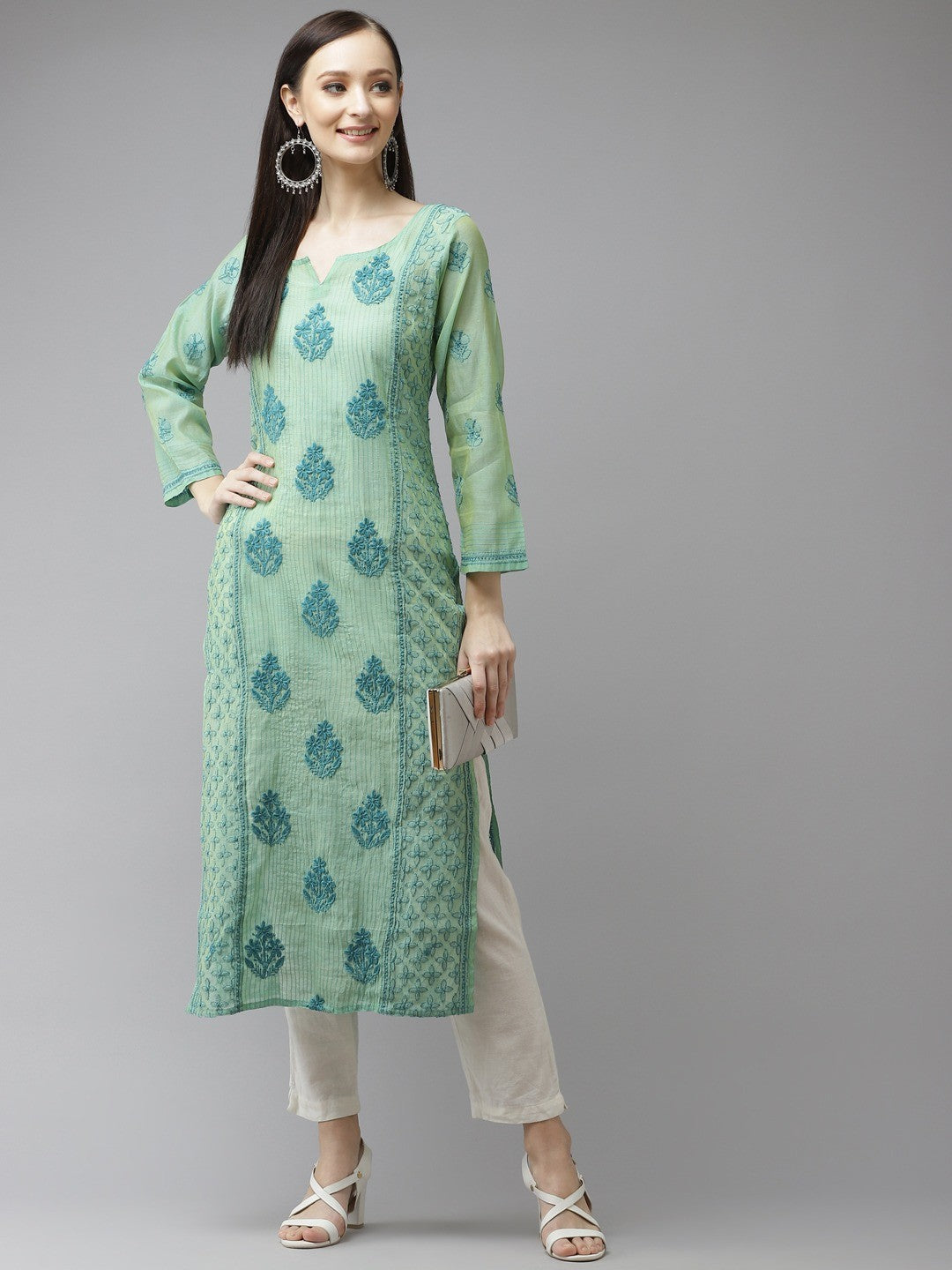 Ada Hand Embroidered Sea Green Chanderi Lucknow Chikankari Kurta-A411315