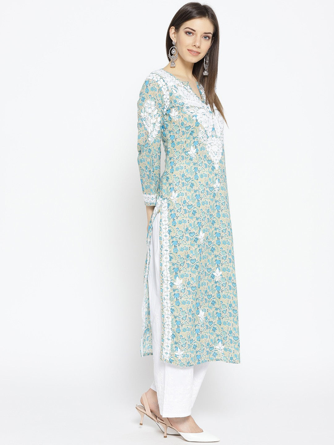 Ada Hand Embroidered Fawn Blue Cotton Lucknow Chikankari Kurta- A100032