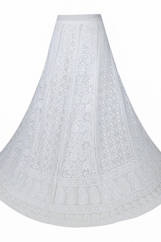 Ada Hand Embroidered White Pure Georgette Lucknowi Chikankari Unstitched Lehenga Skirt (Only Skirt)With Pearl Work-A501261