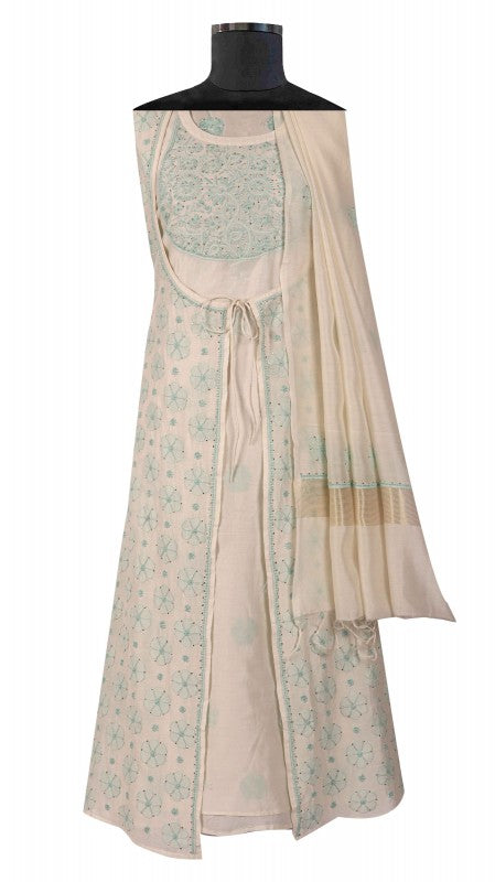 Ada Hand Embroidered Off White Chanderi Lucknowi Chikankari Unstitched Kurta Dupatta Set With Muqaish Work A601078