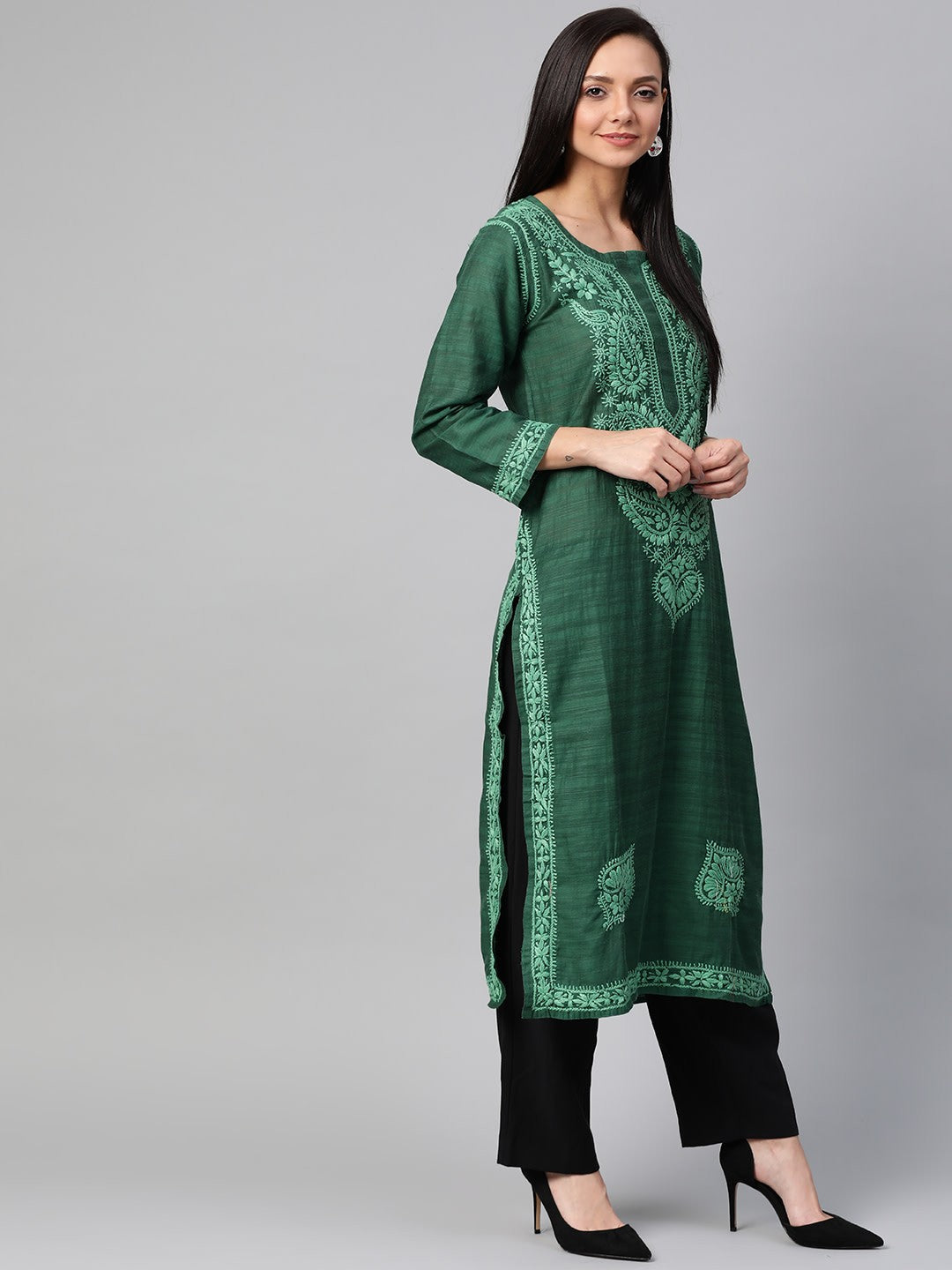 Ada Hand Embroidered Green Cotton Lucknow Chikan Kurta - A100437