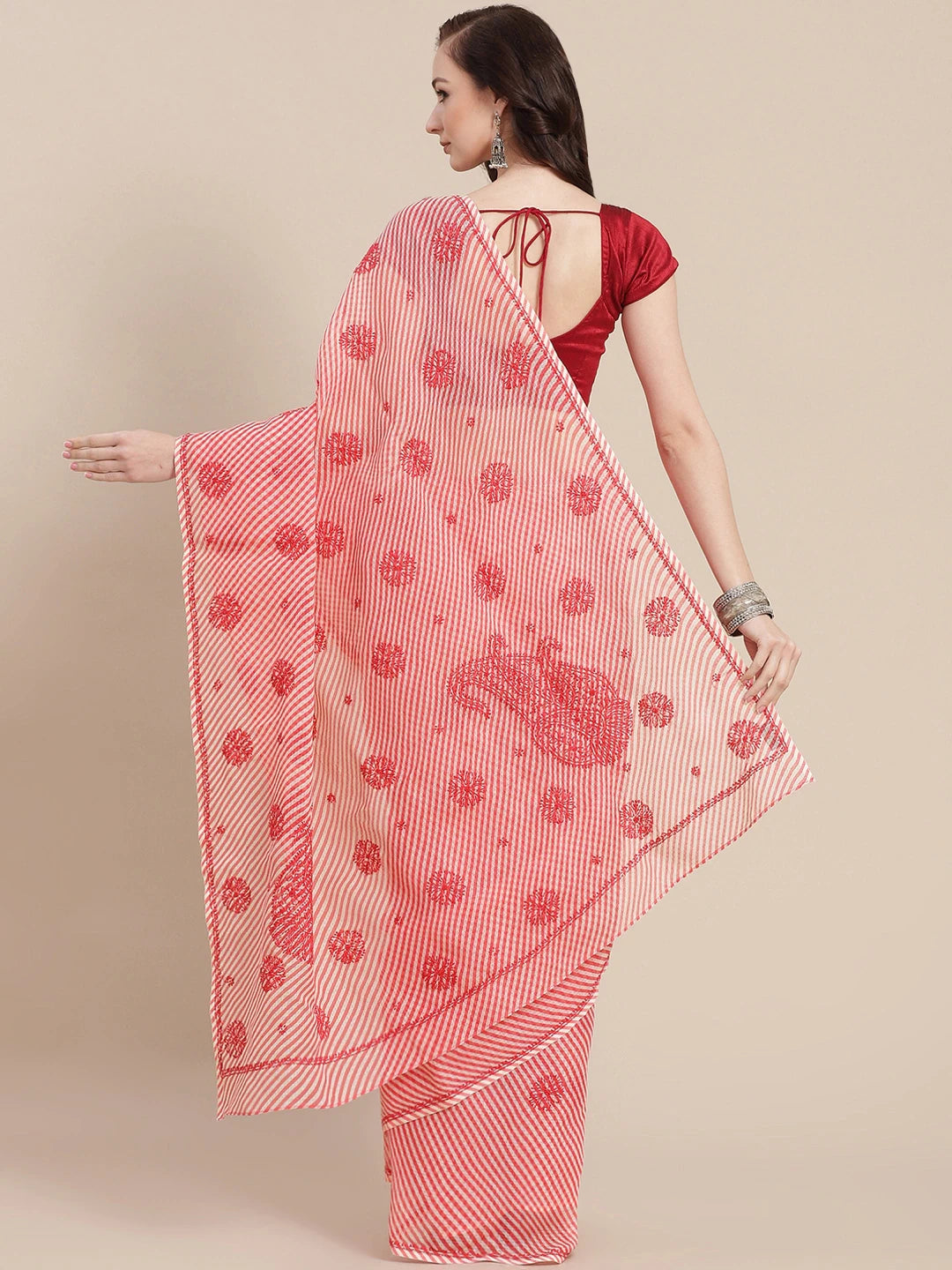 Ada Hand Embroidered Carrot Pink Kota Lucknow Chikan Saree With Blouse A311353
