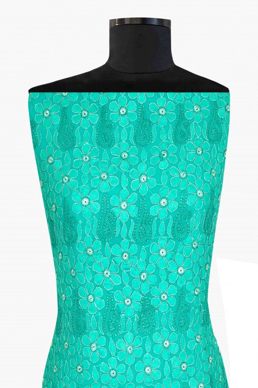 Ada Hand Embroidered Teal Green Georgette Chikan Unstitched Kurta Piece A611842