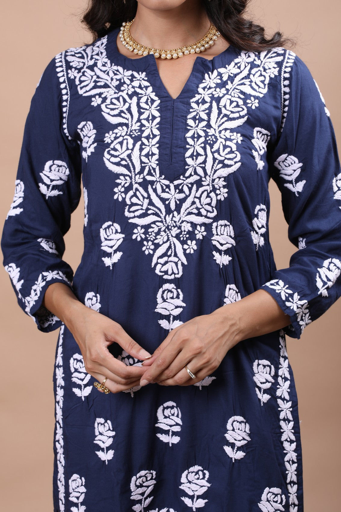 Ada Hand Embroidered Navy Blue Cotton Lucknowi Chikankari Kurta With Plazzo Set 01A206994