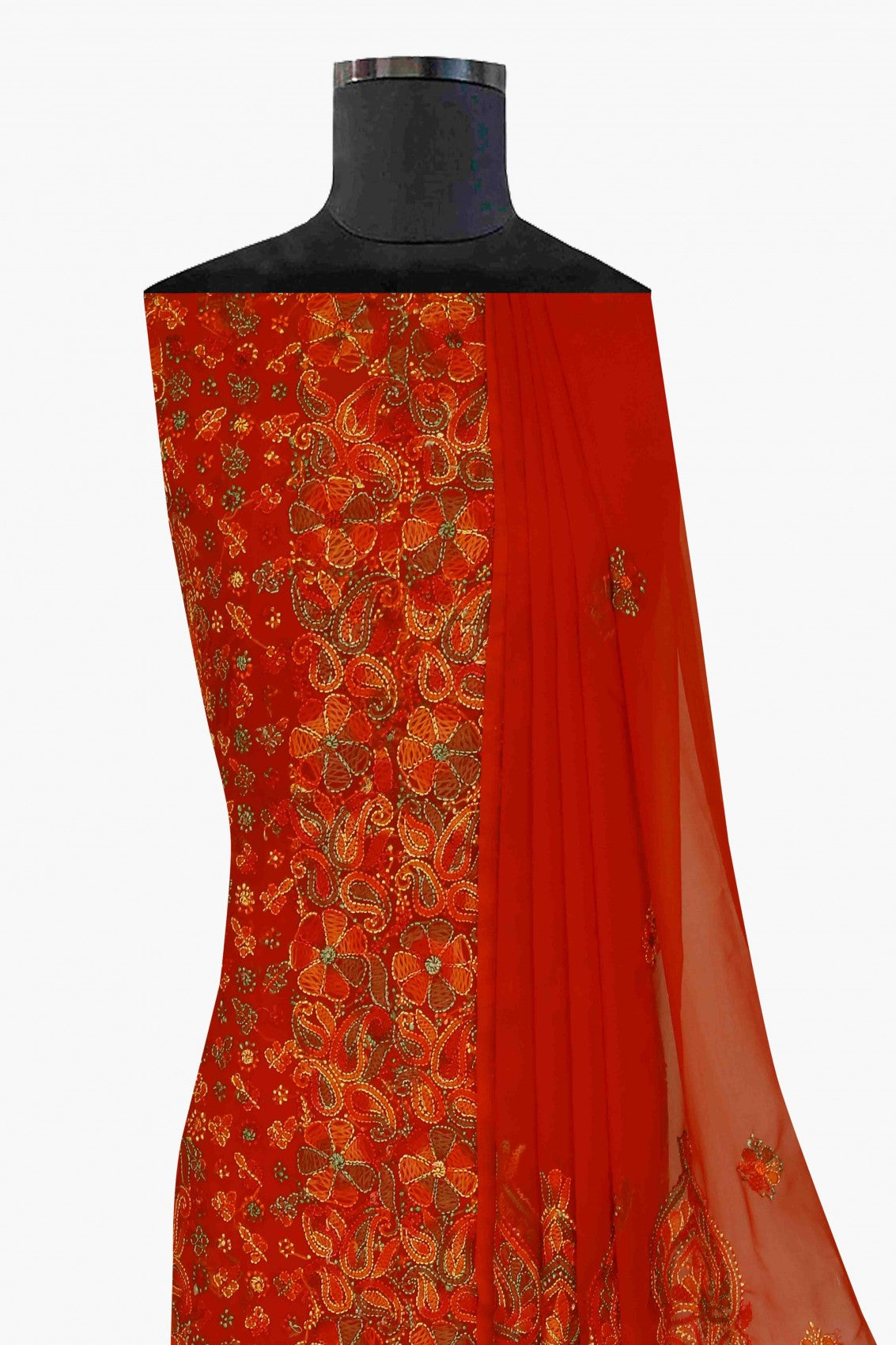 Ada Hand Embroidered Red Georgette Lucknowi Chikankari Unstitched Suit Piece A211171