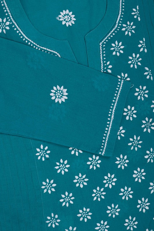 Ada Hand Embroidered Teal Blue Cotton  Lucknowi Chikankari Straight Kurti A911287