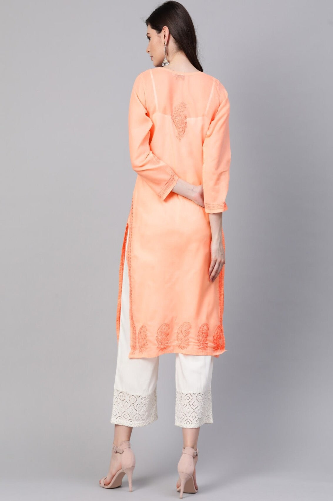 Ada Hand Embroidered Peach Cotton Lucknowi Chikankari Straight Kurta A100369