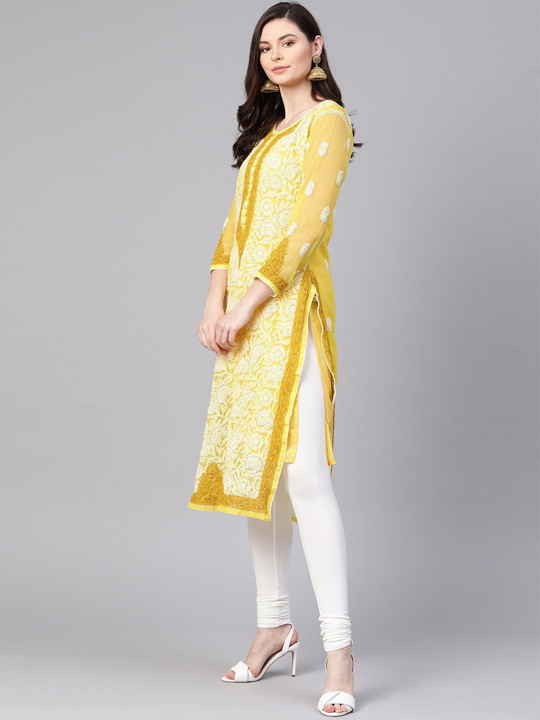 Ada Hand Embroidered Yellow Georgette Lucknow Chikankari Straight Kurti with Slip A100377