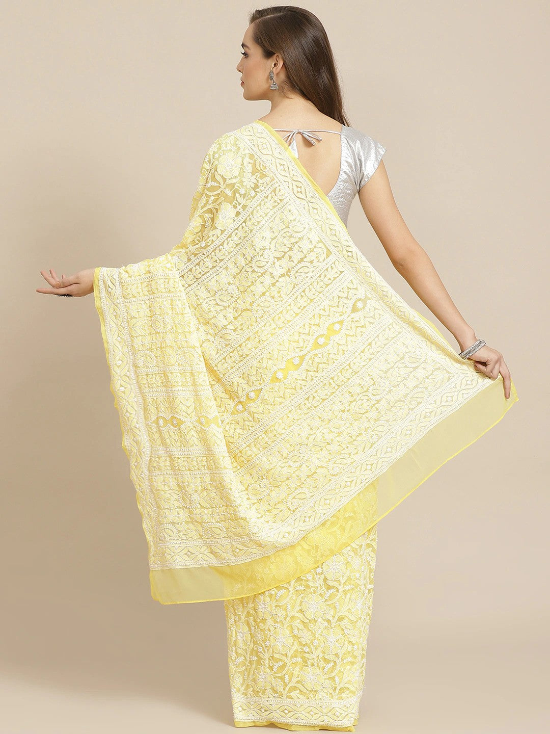 Ada Hand Embroidered Yellow Georgette Lucknow Chikan Saree with Blouse A311302