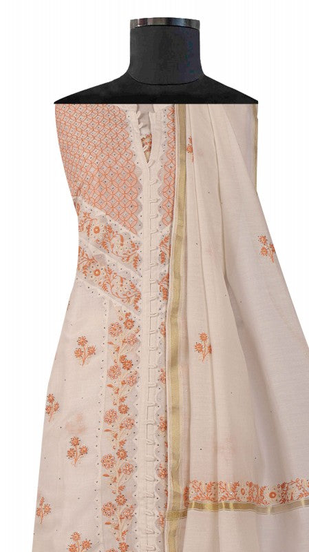 Ada Hand Embroidered White Chanderi Lucknowi Chikan Unstitched Kurta Dupatta Set With Muqaish Work A350999