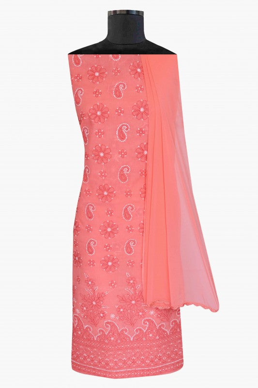 Ada Hand Embroidered Peach Cotton Lucknowi Chikan Unstitched Suit Piece–A100191