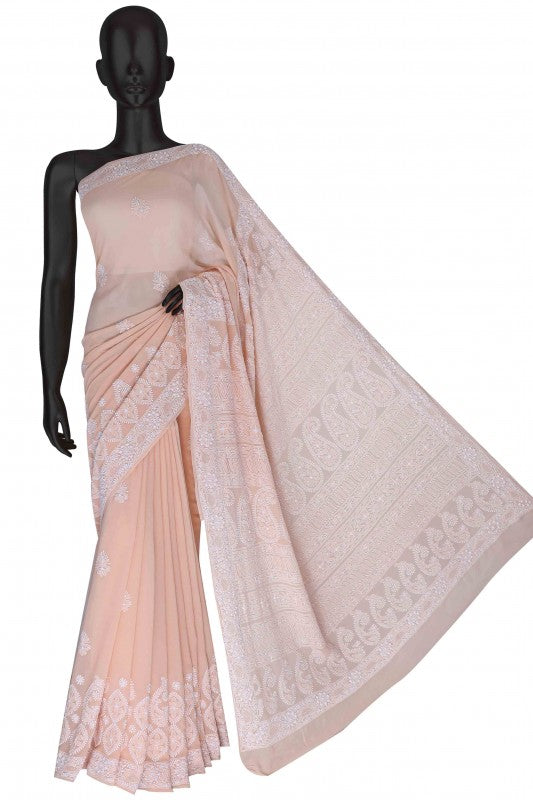 Ada Hand Embroidered Peach Pure Georgette Lucknow Chikan Saree With Blouse- A594620