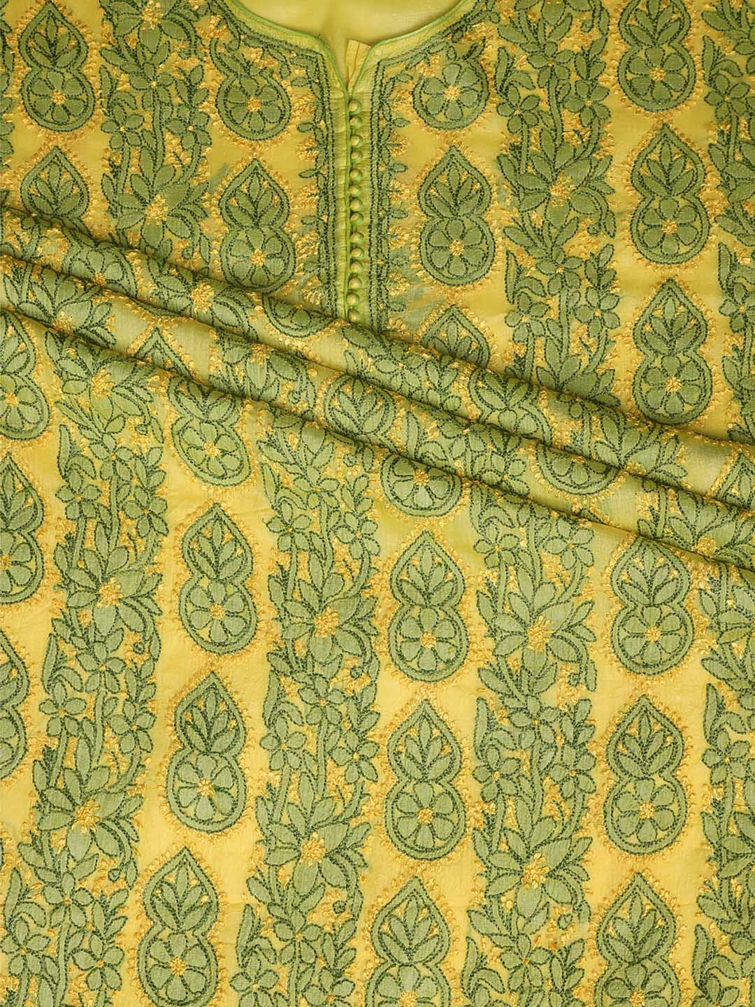 Ada Hand Embroidered Lemon Silk Lucknowi Chikan Unstitched Suit Piece–A608350