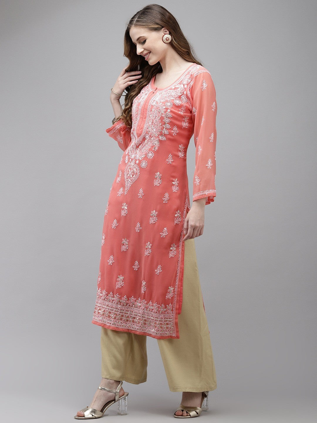 Ada Hand Embroidered Peach Georgette Lucknow Chikan Kurta/Slip with Gota Patti work A411356