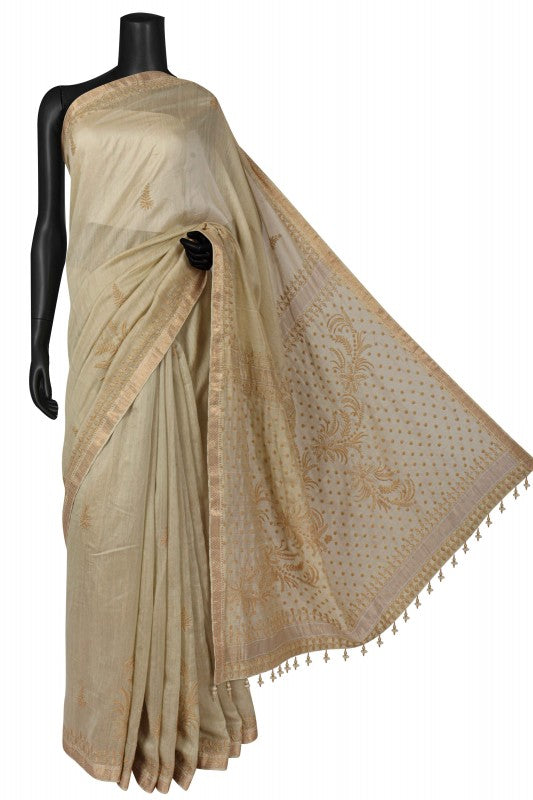Ada Hand Embroidered Light Olive Green Tissue Lucknowi Chikankari Saree With Blouse A615158