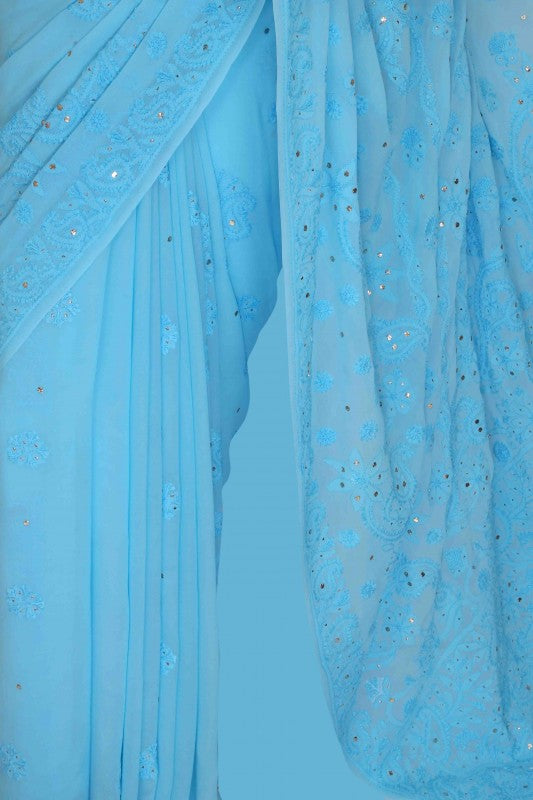 Ada Hand Embroidered Blue Georgette Lucknowi Chikankari Saree/Blouse With Muqaish Work A619744