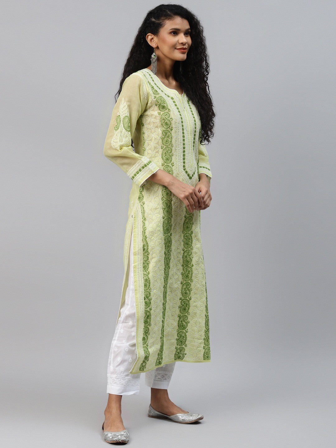Ada Hand Embroidered Green Cotton Lucknowi Chikankari Straight Kurta A241619