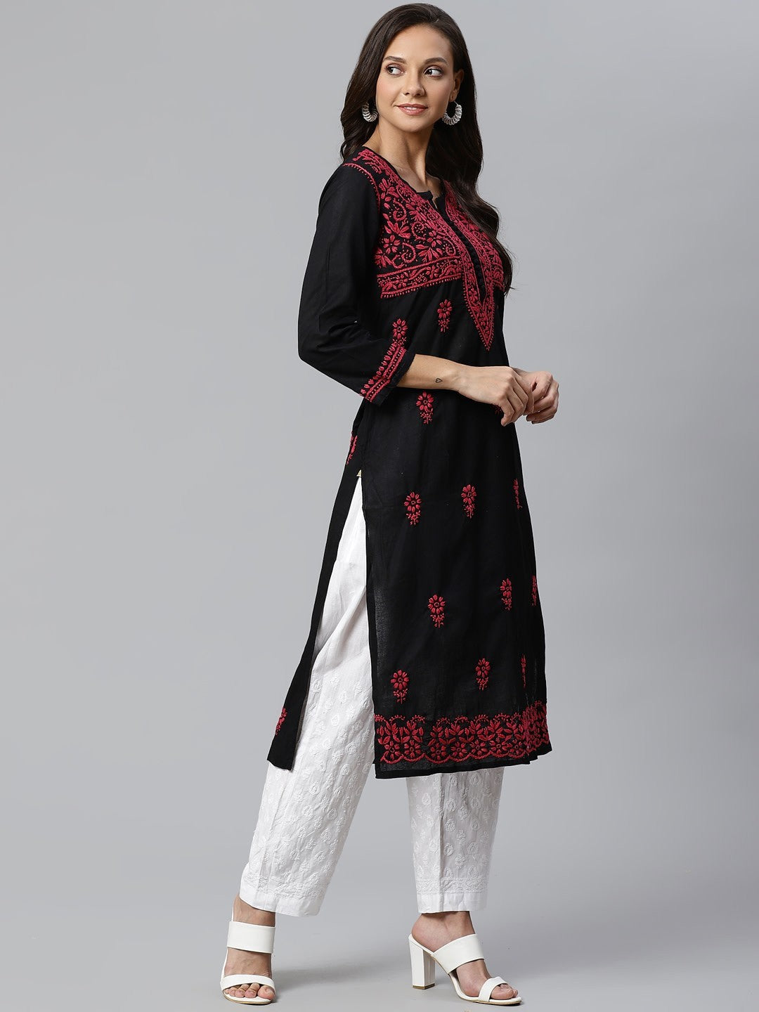 Ada Hand Embroidered Black Cotton Lucknow Chikankari Kurta with Palazzo Set A100391