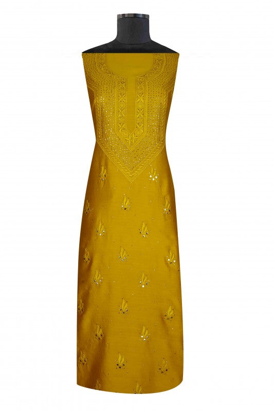 Ada Hand Embroidered Mustard Georgette Lucknowi Chikan Unstitched Kurta Dupatta Set With Muqaish Work A394927