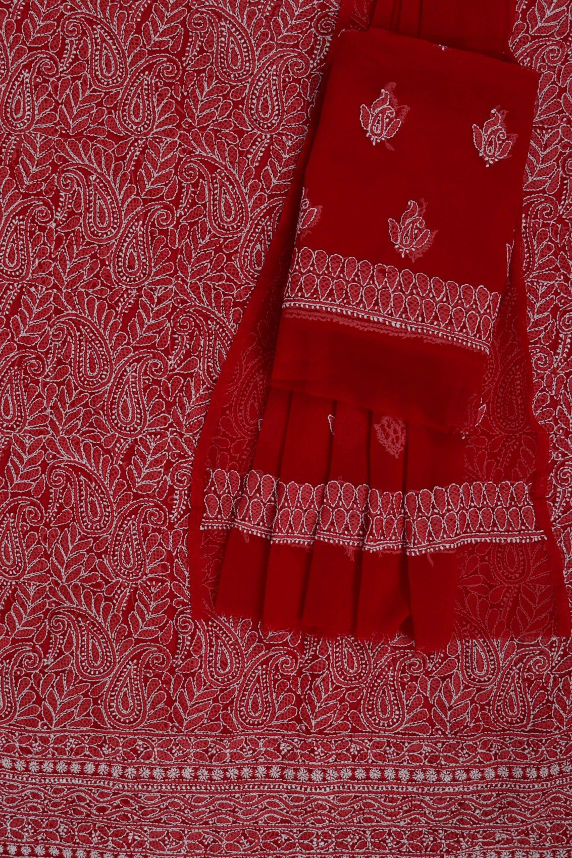 Ada Hand Embroidered Red Georgette Lucknowi Chikan Unstitched Suit Piece A507450