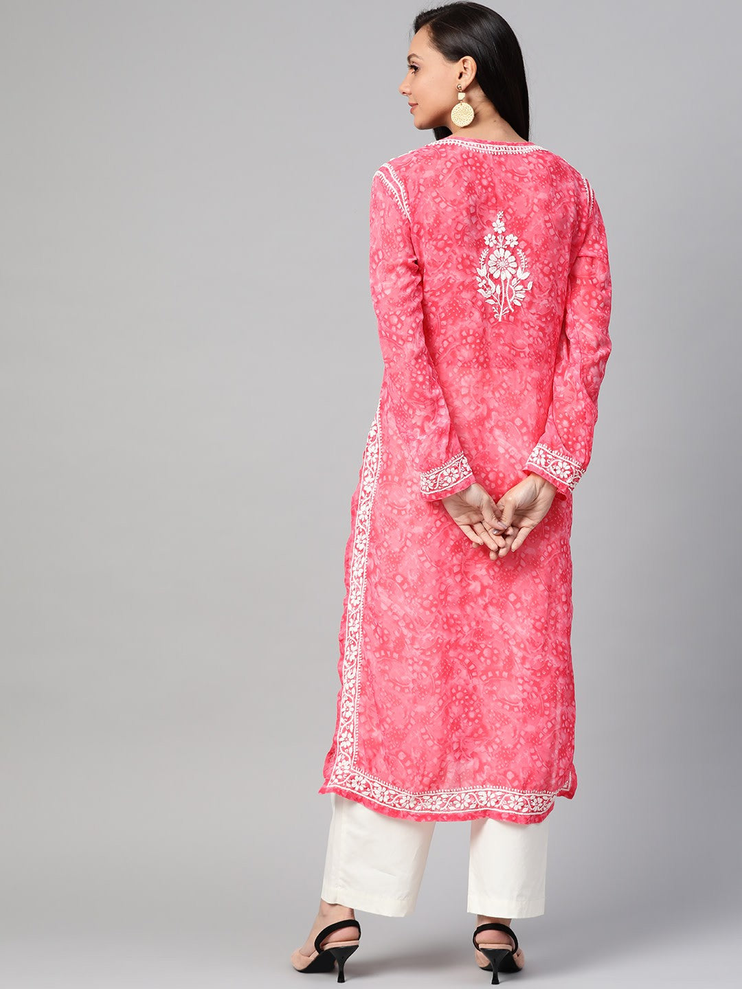 Ada Hand Embroidered Pink Faux Georgette Lucknow Chikankari Kurta- A100464