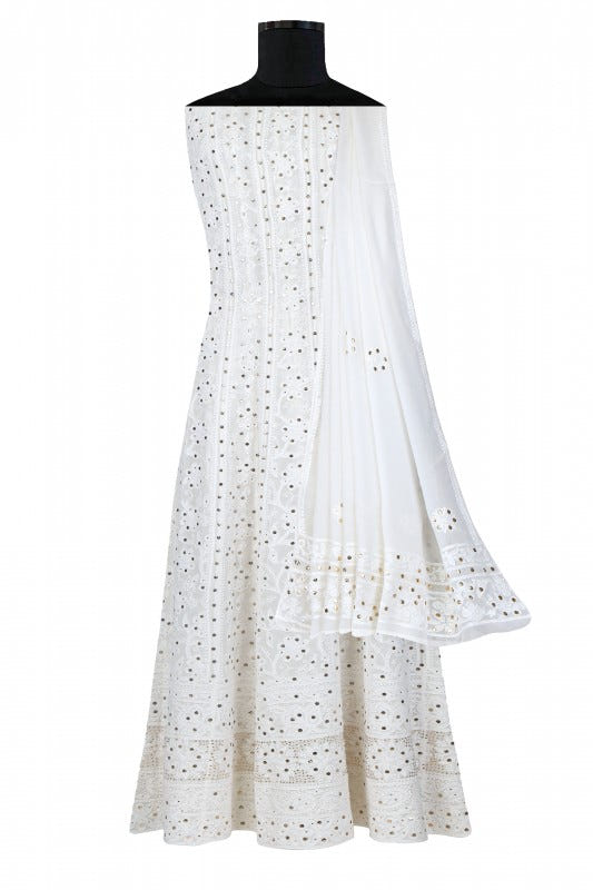 Ada Hand Embroidered White Pure Georgette Lucknowi Chikankari Semi-stitched Anarkali Kurta Dupatta Set with Muqaish Work A534054