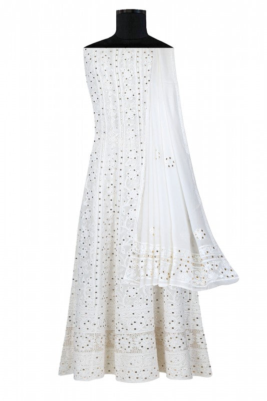 Ada Hand Embroidered White Pure Georgette Lucknowi Chikankari Semi-stitched Anarkali Kurta Dupatta Set with Muqaish Work A534054