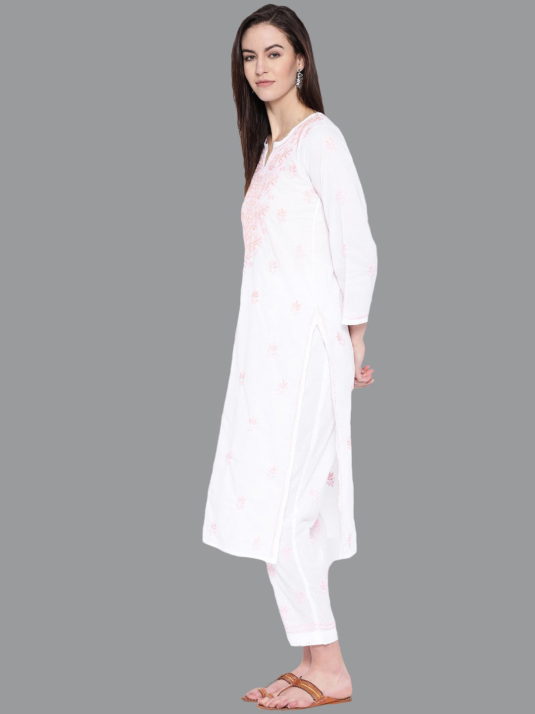 Ada Hand Embroidered White Cotton Lucknowi Chikankari Straight Kurta Set A411136