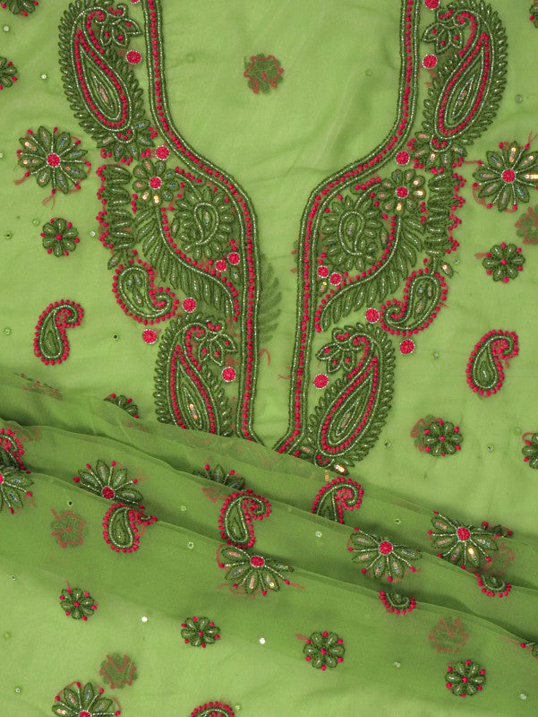 Ada Hand Embroidered Grass Green Georgette Lucknowi Chikankari Unstitched Suit Piece With Cutdana Work 01A132286