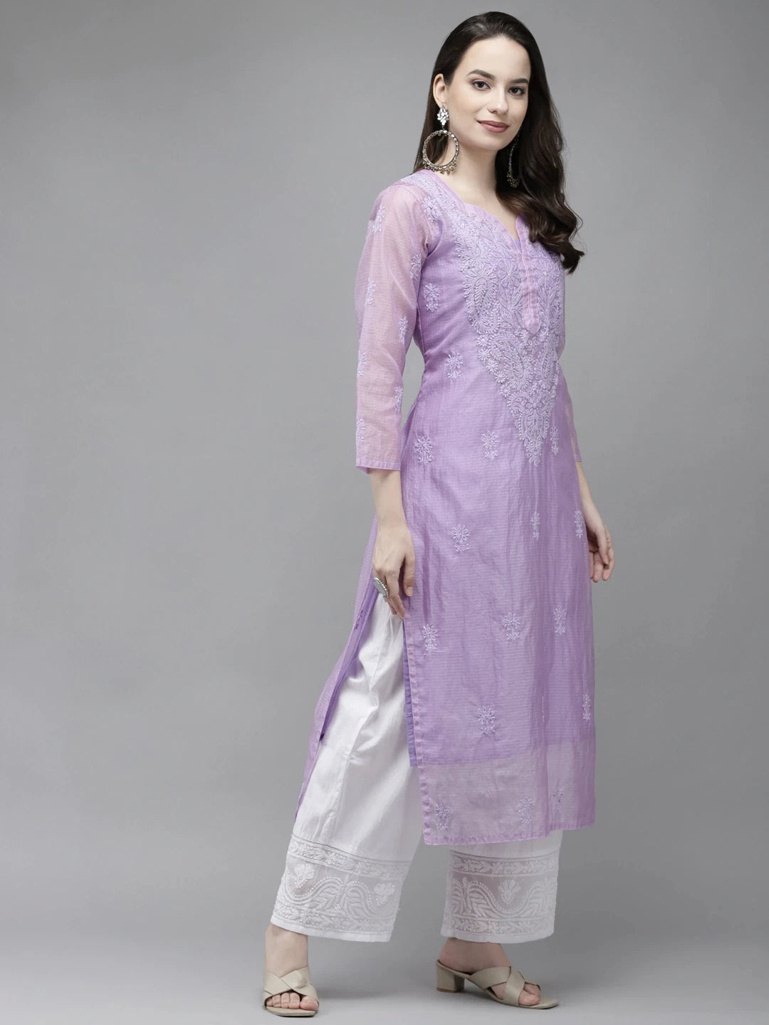 Ada Hand Embroidered Mauve Kota Lucknow Chikankari Kurta/Slip With Muqaish Work-A411290
