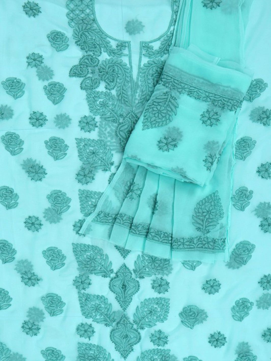 Ada Hand Embroidered Sea Green Georgette Lucknowi Chikan Unstitched Suit Piece A211223