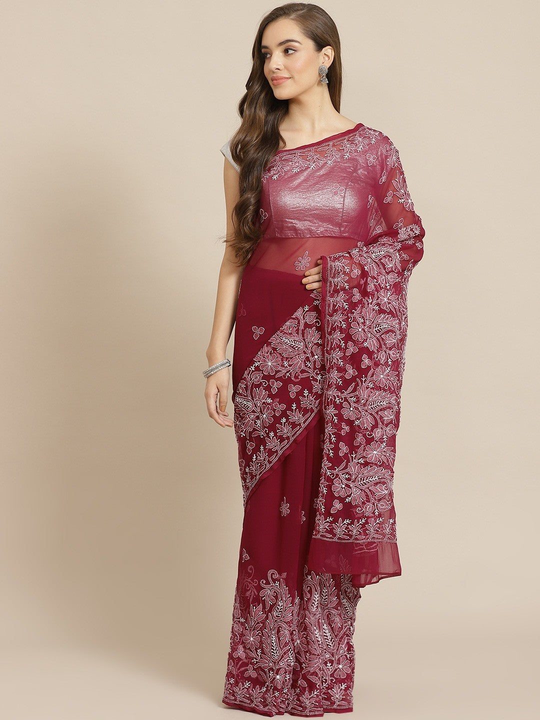 Ada Hand Embroidered Wine Georgette Lucknow Chikan Saree with Blouse A311267