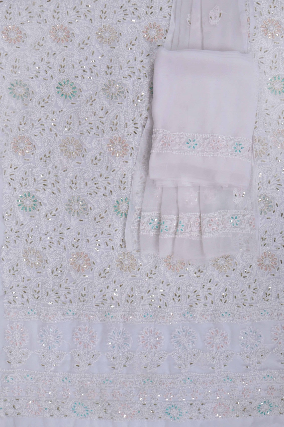 Ada Hand Embroidered White Georgette Lucknowi Chikankari Unstitched Suit Piece With Sequinned Work  A608146