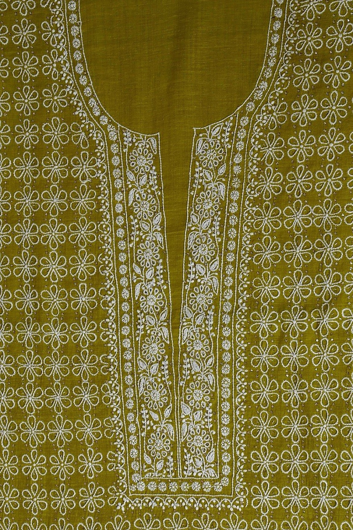 Ada Hand Embroidered Olive Green Khadi Chikankari Unstitched Suit Piece With Muqaish Work A454744