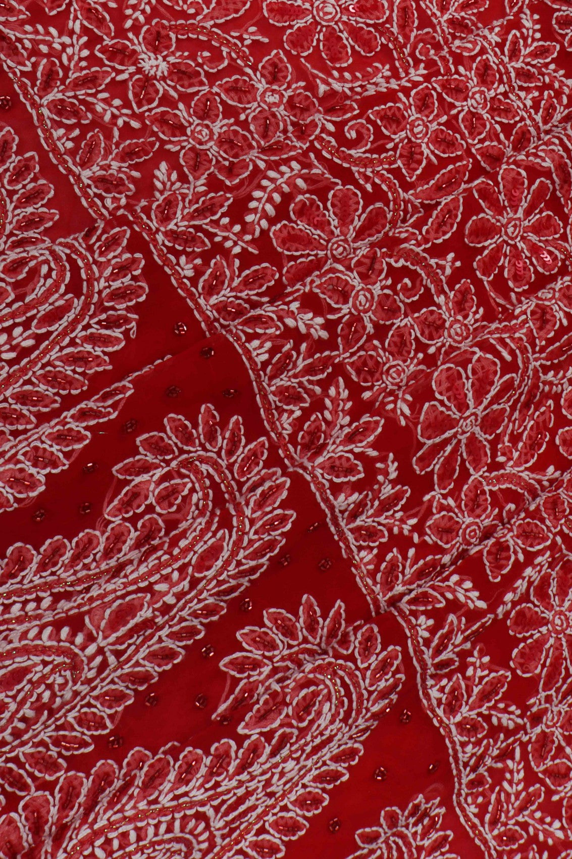 Ada Hand Embroidered Red Georgette Lucknowi Chikankari Saree/Blouse With Cutdana Work 01A204577