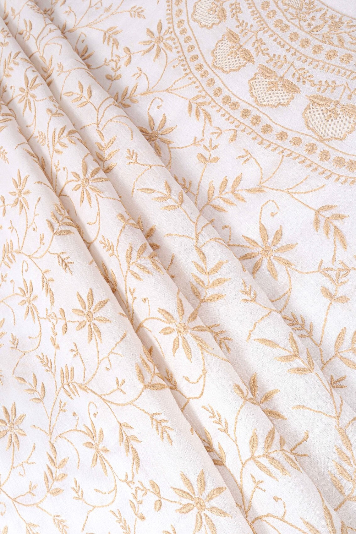 Ada Hand Embroidered Cream Chanderi Lucknowi Chikankari Unstitched Kurta Dupatta Set 01A130056