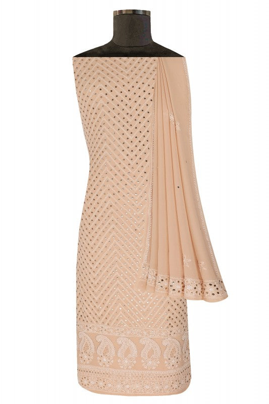 Ada Hand Embroidered Sandcastle Fawn Pure Georgette Lucknowi Chikan Unstitched Kurta Dupatta Set With Muqaish Work- A462221