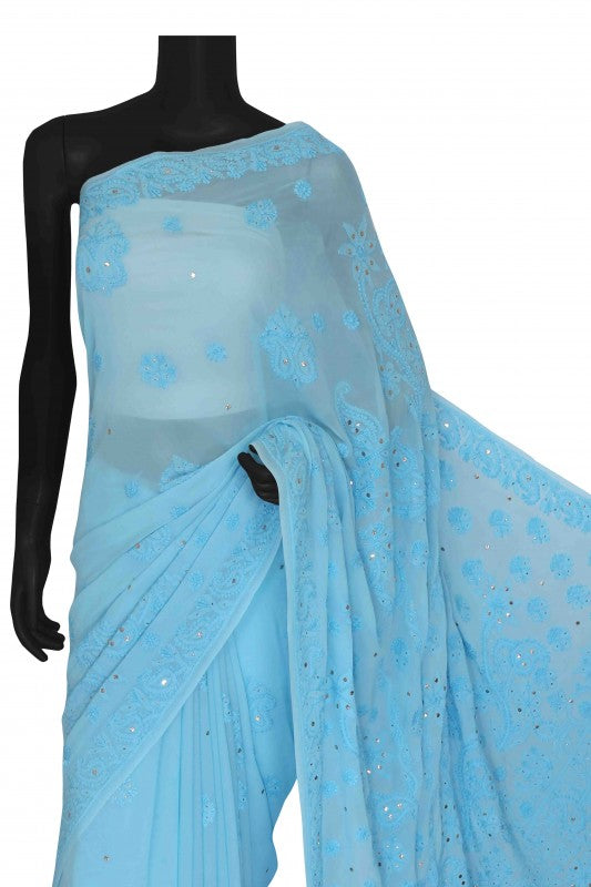 Ada Hand Embroidered Blue Georgette Lucknowi Chikankari Saree/Blouse With Muqaish Work A619744