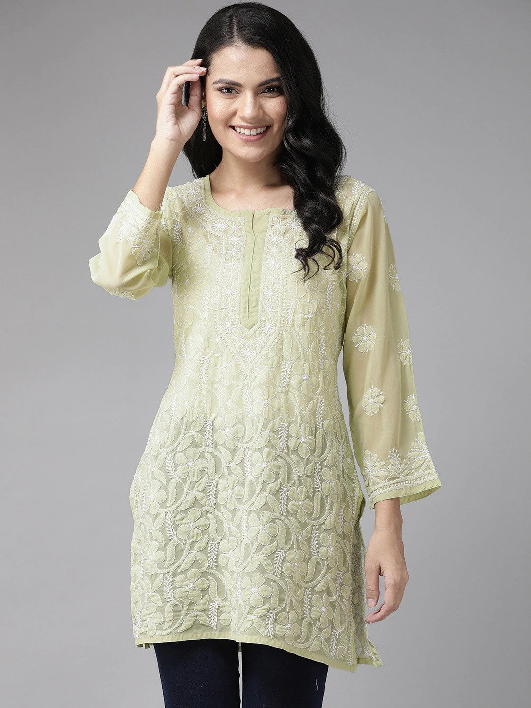 Ada Hand Embroidered Sage Green Georgette Lucknow Chikan Kurti A911121