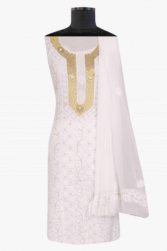 Ada Hand Embroidered White Georgette Lucknowi Chikan Unstitched Kurta Dupatta Set With Pearl Work A579385