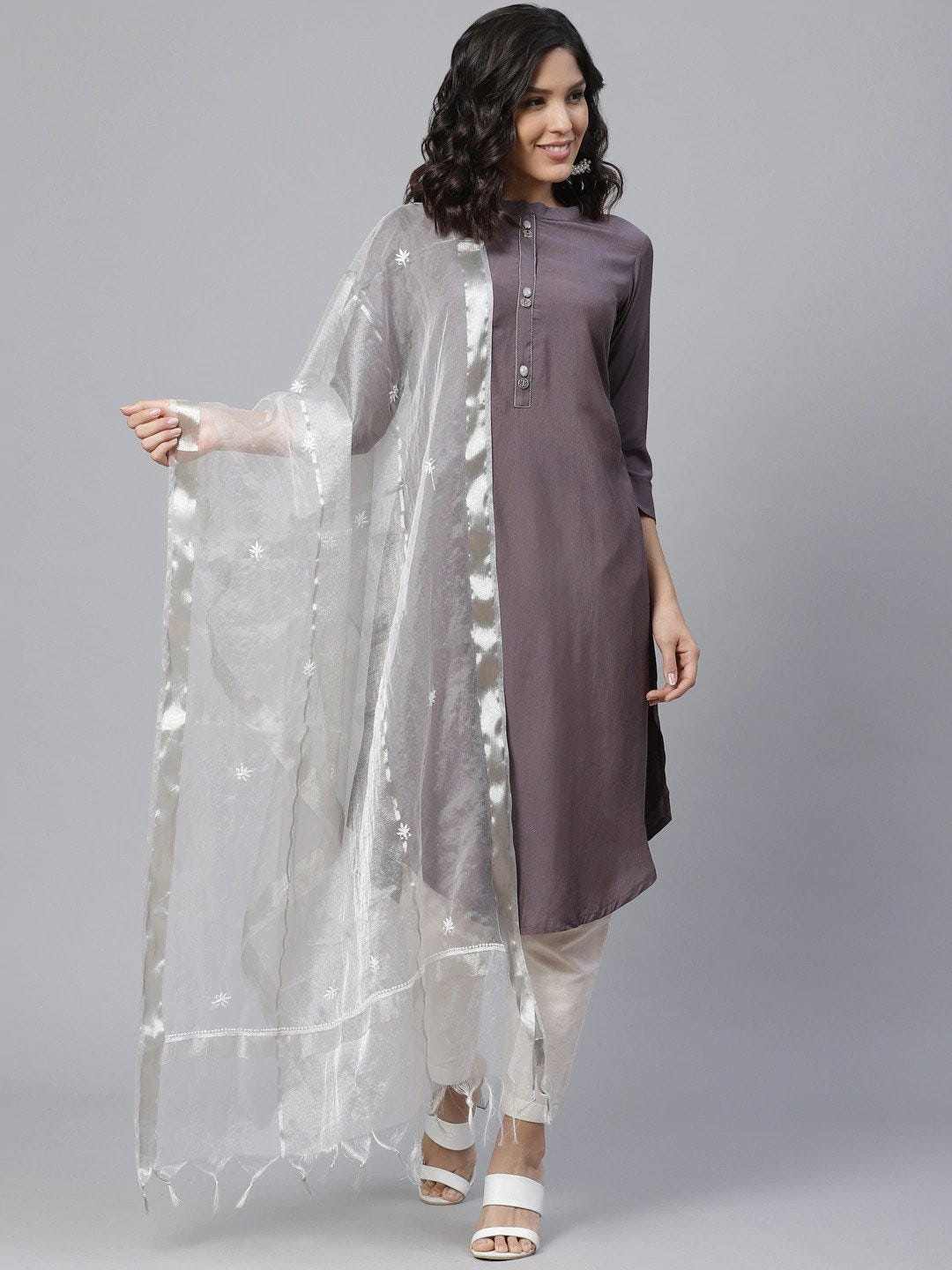 Ada Hand Embroidered White Tissue Lucknowi Chikankari Dupatta- A100579