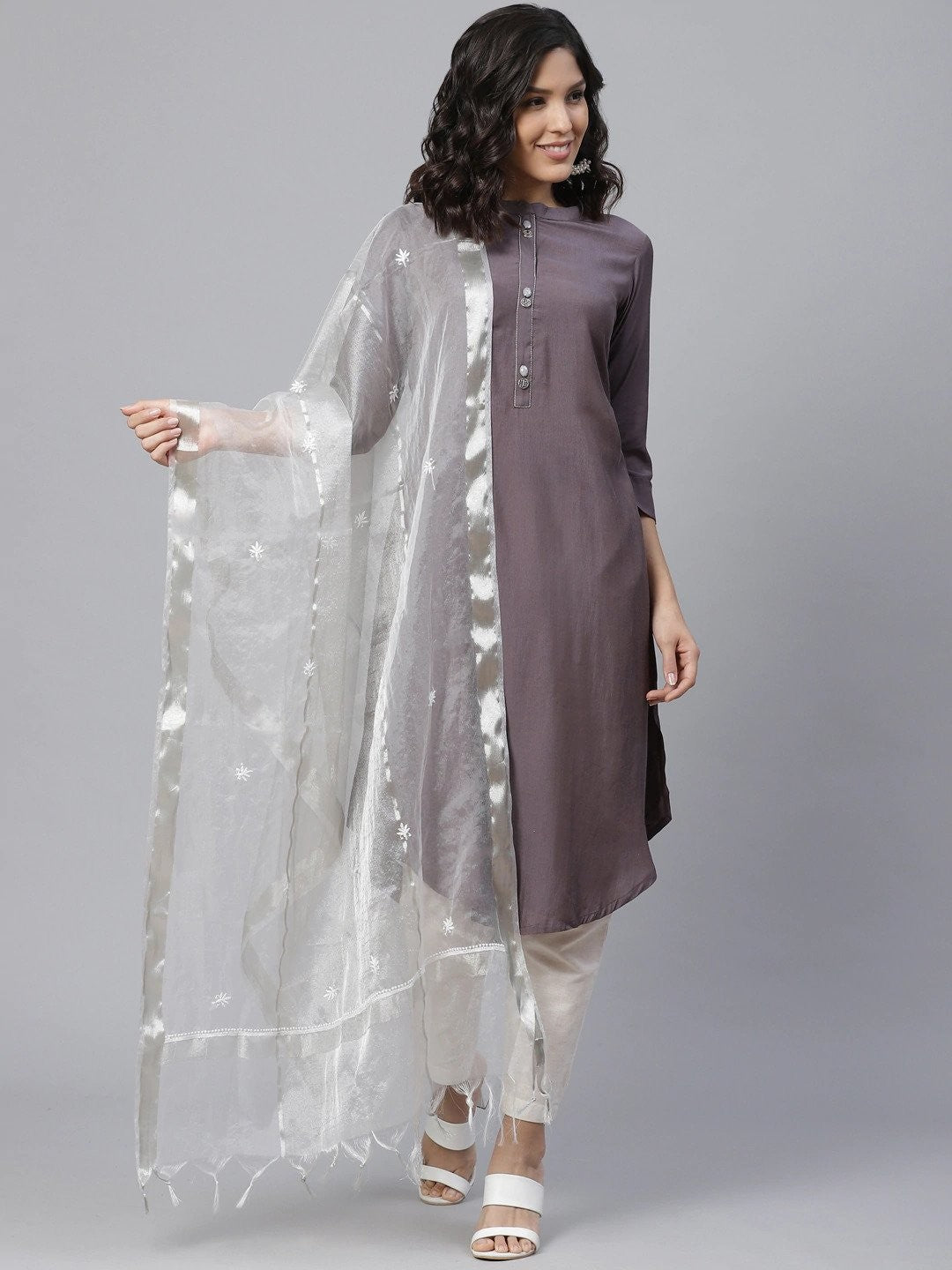 Ada Hand Embroidered White Tissue Lucknowi Chikankari Dupatta- A100579