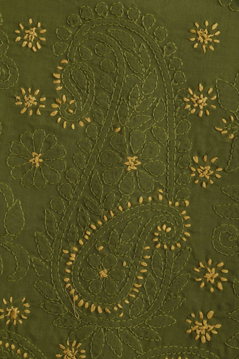 Ada Hand Embroidered Green Cotton Lucknowi Chikan Unstitched Suit Piece–A100250