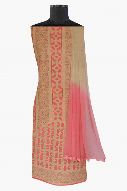 Ada Hand Embroidered Fawn Cotton Lucknowi Chikan Unstitched Suit Piece A619249