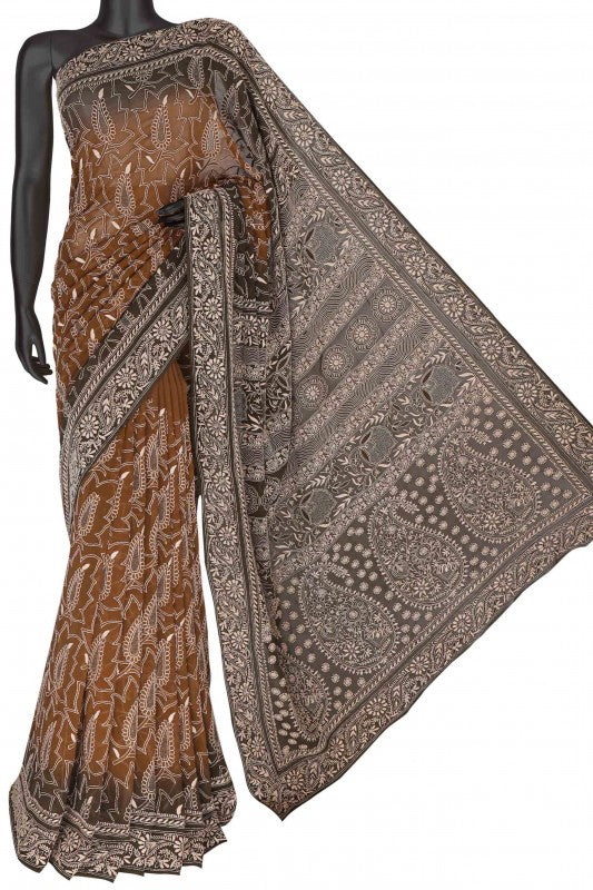 Ada Hand Embroidered Rust/Dark Olive Green Pure Georgette Lucknow Chikan Saree With Blouse-A290028
