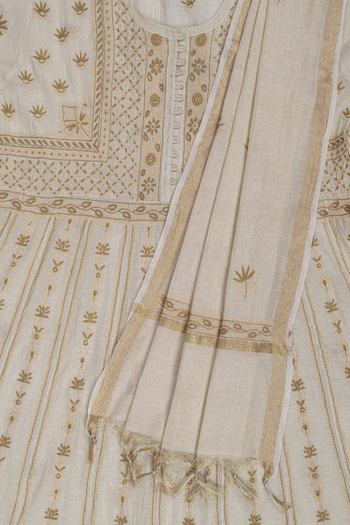 Ada Hand Embroidered Cream Tissue Lucknowi Chikankari Semi-Stitched Anarkali Kurta Dupatta Set 01A146179