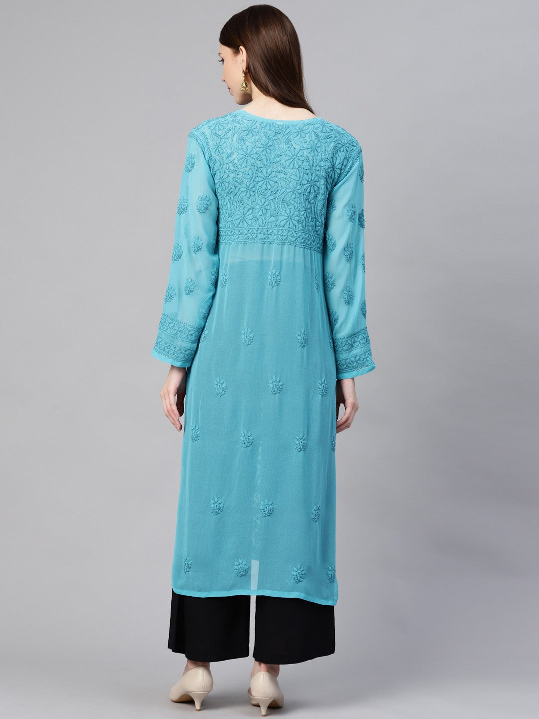Ada Hand Embroidered Blue Georgette Lucknow Chikankari Straight Kurta A100588